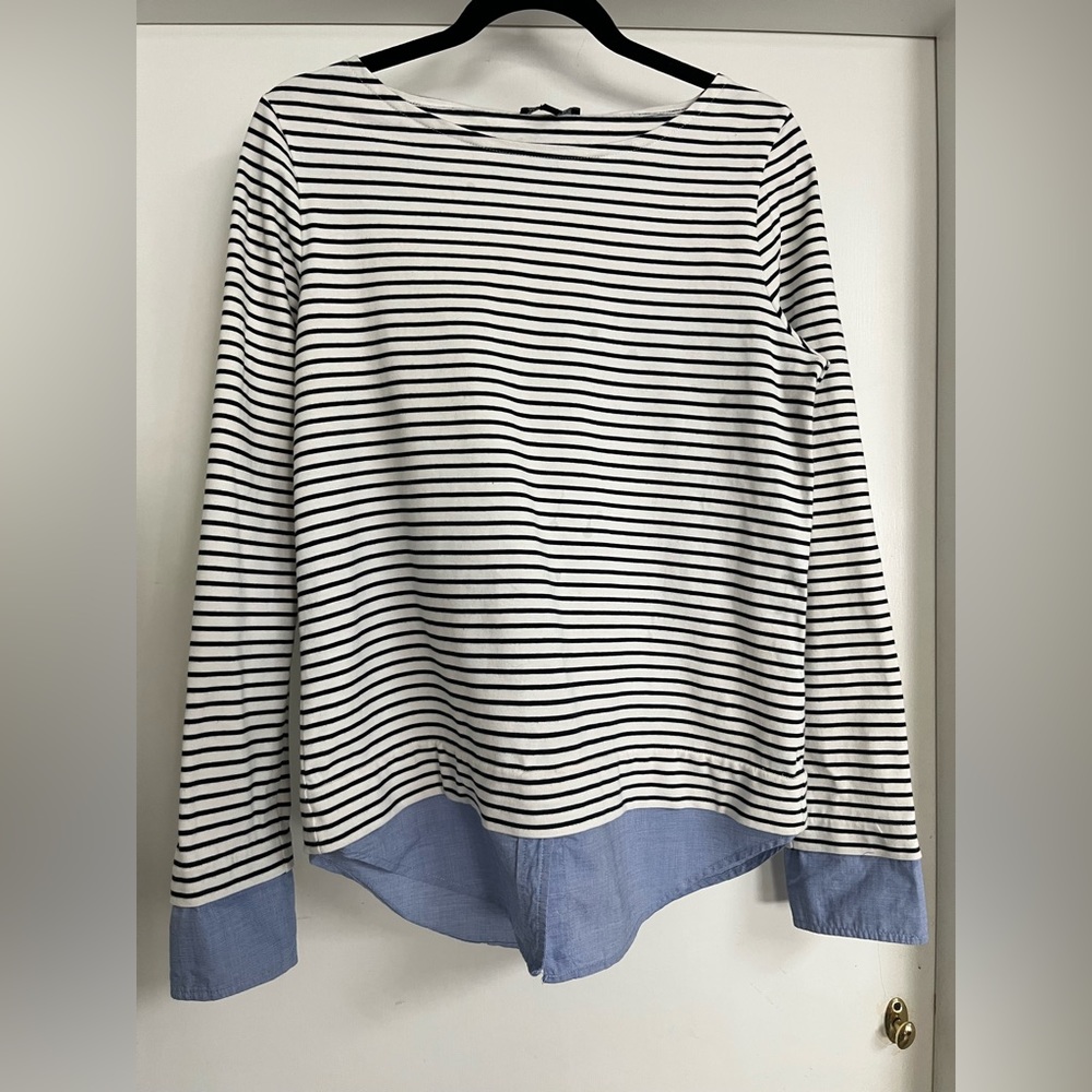 J Crew Mercantile Top.  Sz M, white/navy stripe with chambray trim. EUC!!
